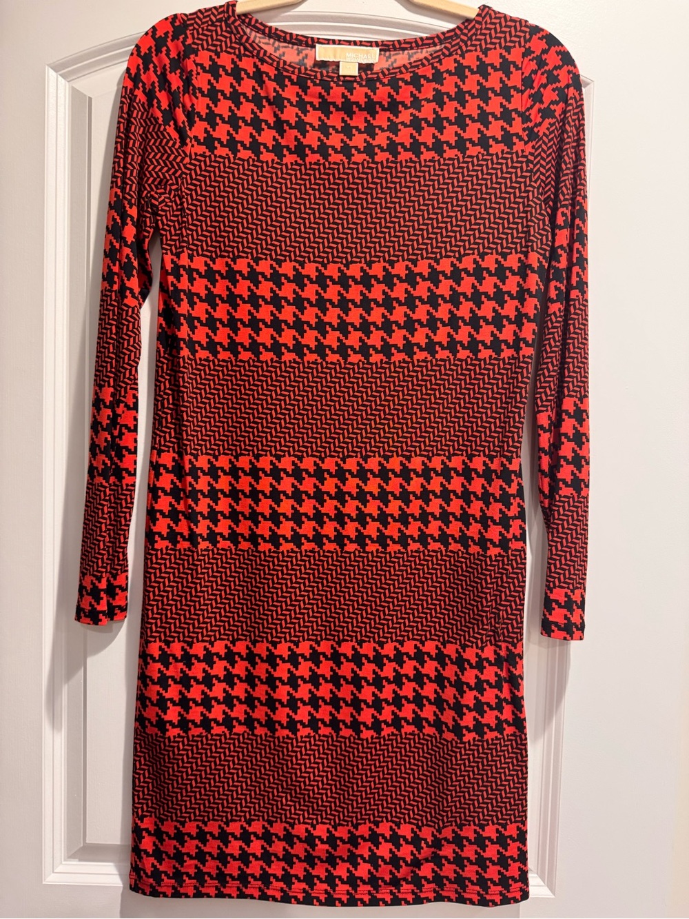 Michael Kors Red and Black Houndstooth Long Sleeve Knit Dress